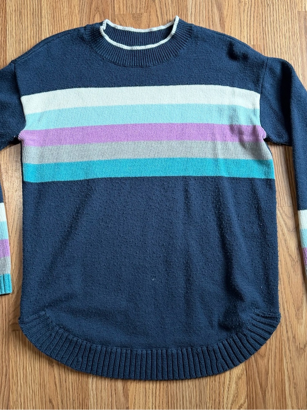 Women’s Navy Crewneck Sweater with Pastel Stripes